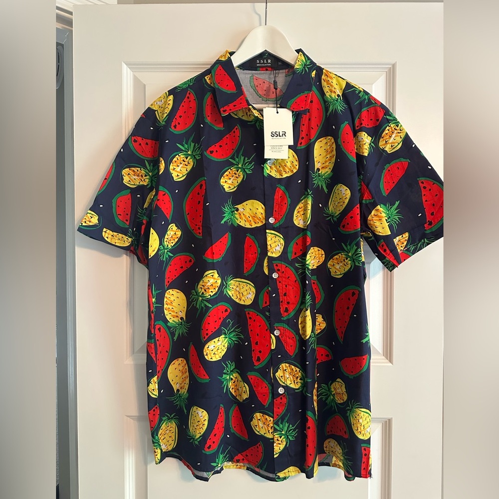 SSLR Men's Fruit Print Casual Button Down Shirt - Navy